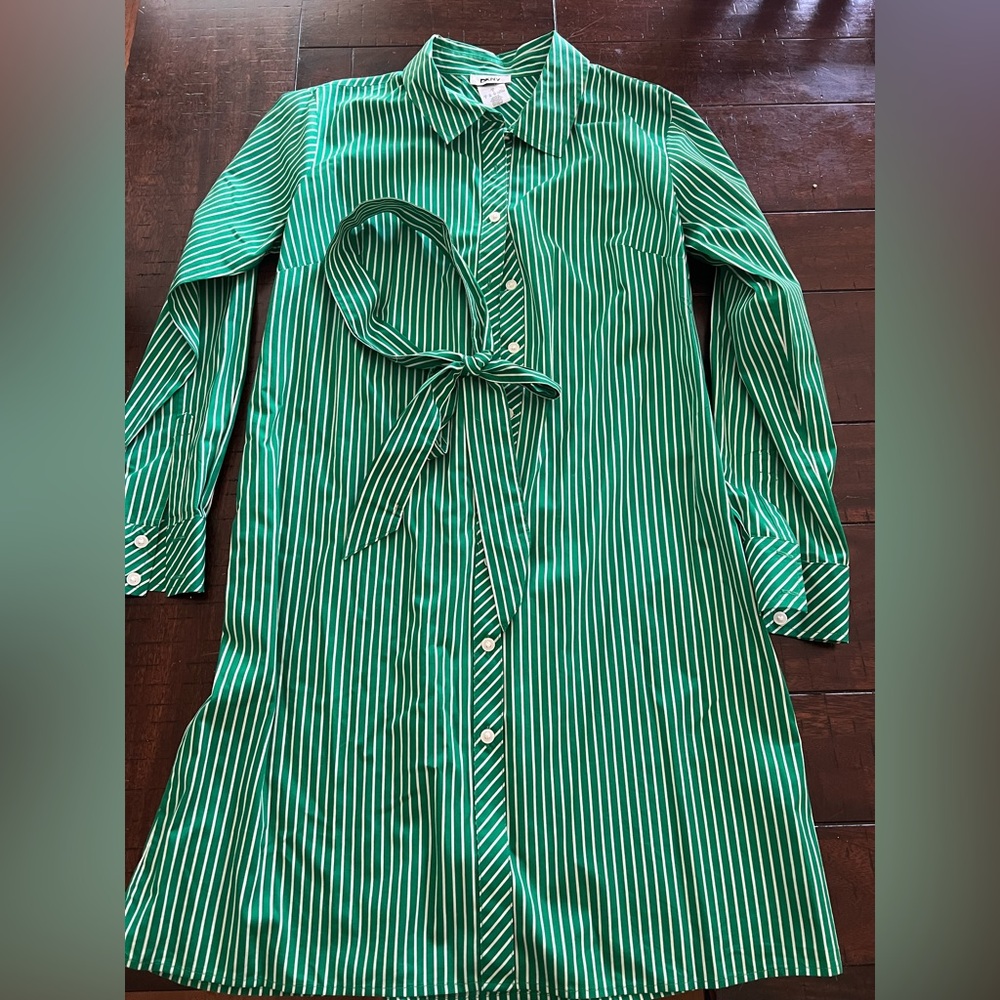 DKNY Green and White Striped Shirt Dress